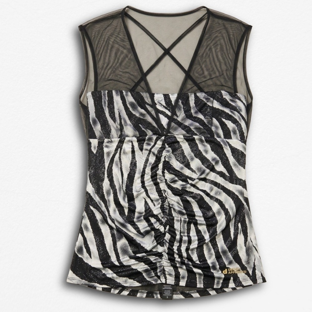 Dots Zebra Print Mesh Strappy Ruched Tank Top Black White Small
